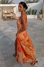 Orange Floral Sleeveless Midi Dress