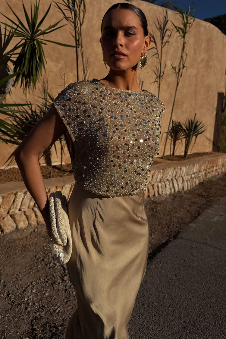 Gold Sequin Satin Midi Dress