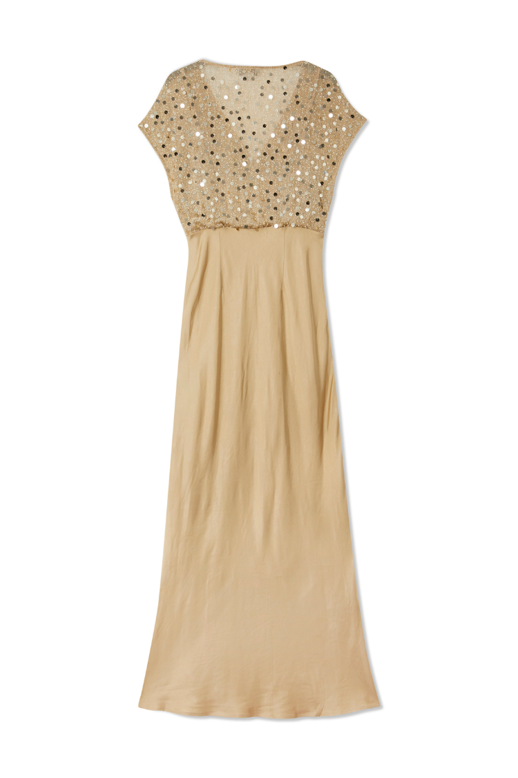 Gold Sequin Satin Midi Dress