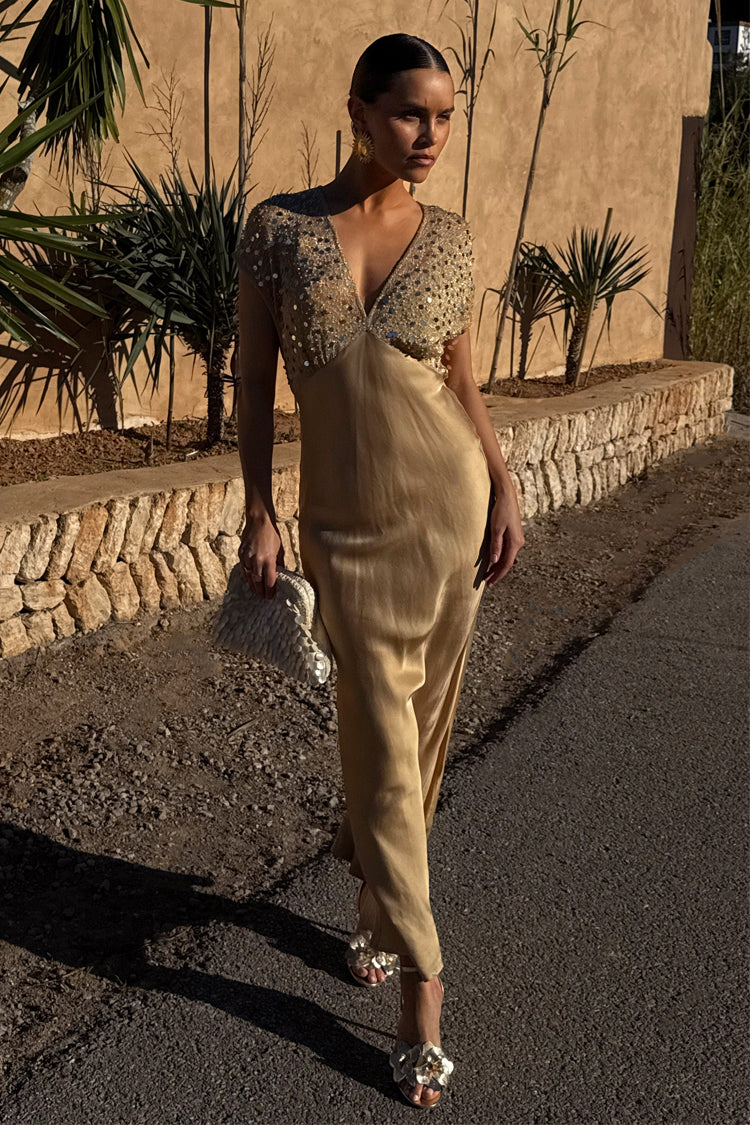 Gold Sequin Satin Midi Dress