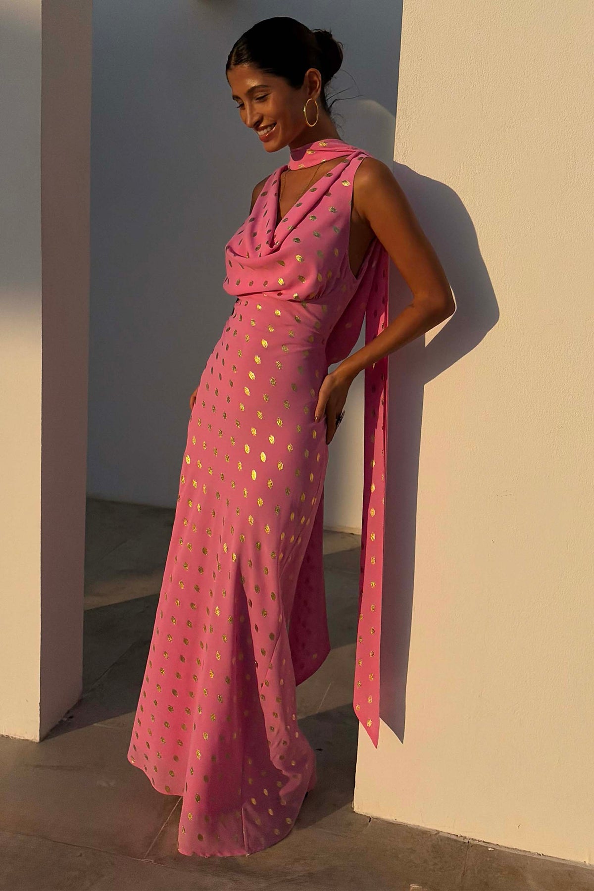Pink Polka Dot Halter Maxi Dress