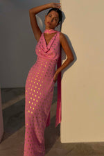 Pink Polka Dot Halter Maxi Dress