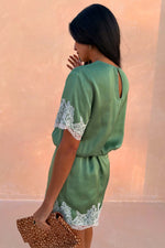Green Lace Trim Mini Dress