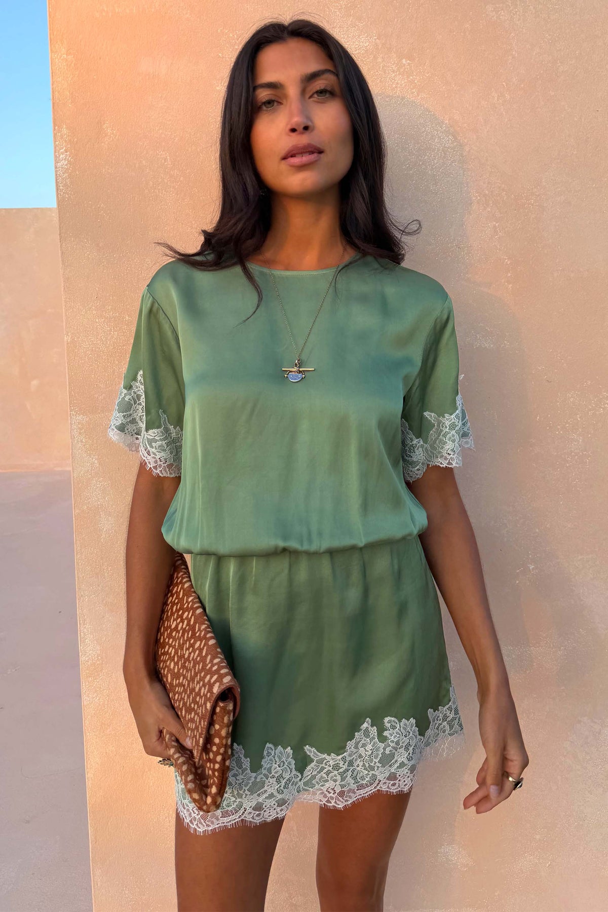 Green Lace Trim Mini Dress