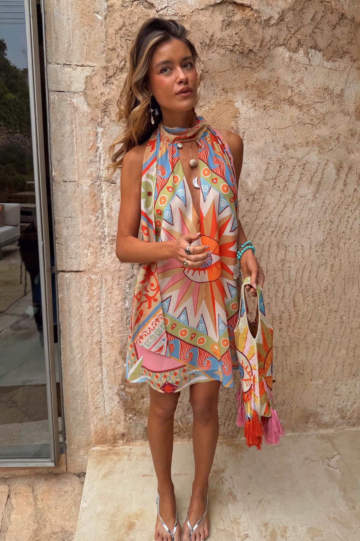 Geo Print Halter Mini Dress