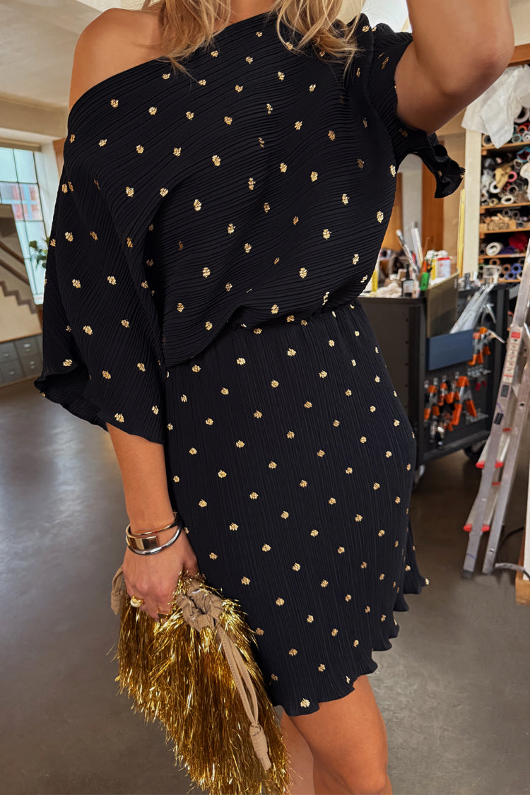 Black Dotted Print One Shoulder Mini Dress