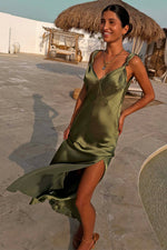 Olive Green Satin Maxi Dress