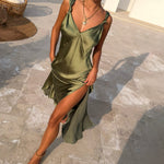 Olive Green Satin Maxi Dress