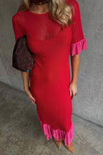 Red Short Sleeves Midi Dress
