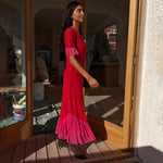 Red Short Sleeves Midi Dress