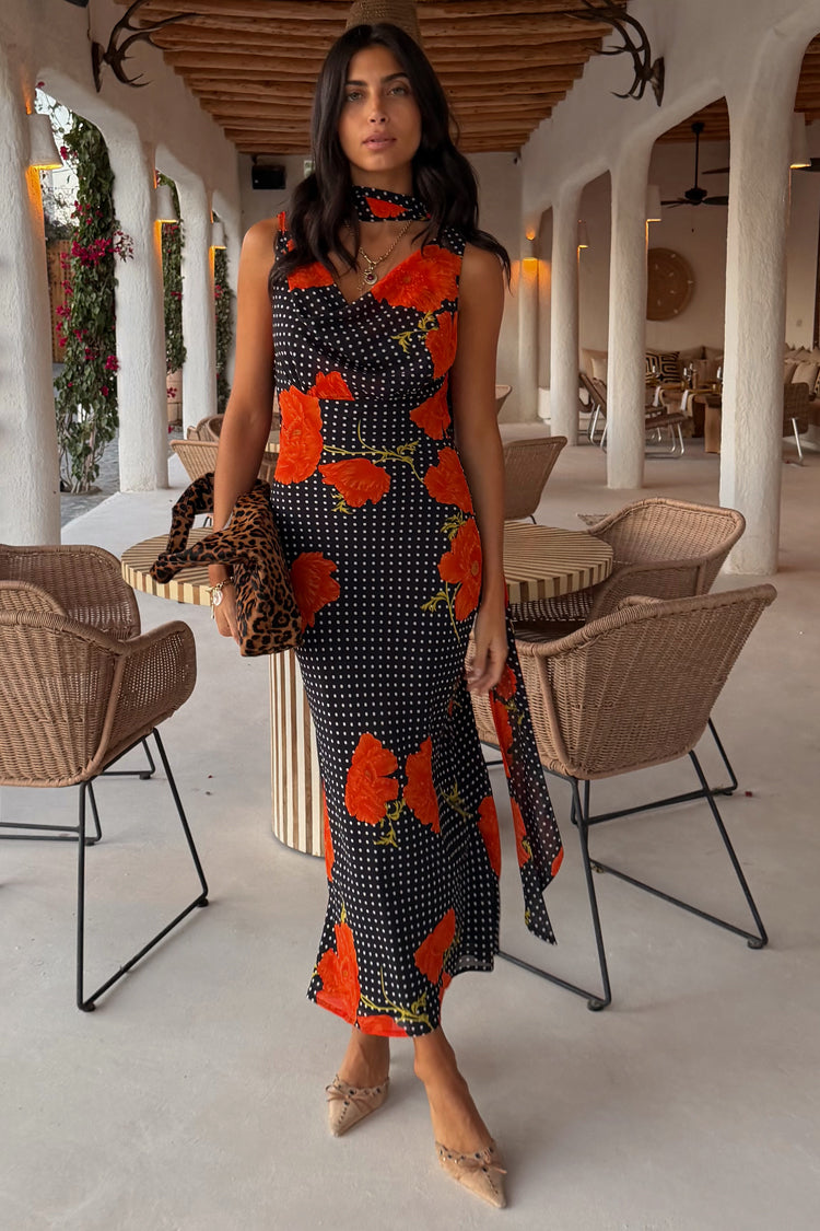 Black Poppy Print Sleeveless Midi Dress