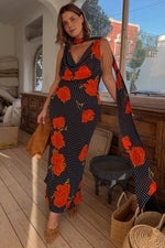 Black Poppy Print Sleeveless Midi Dress