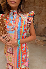 Red Tribal Print Midi Dress