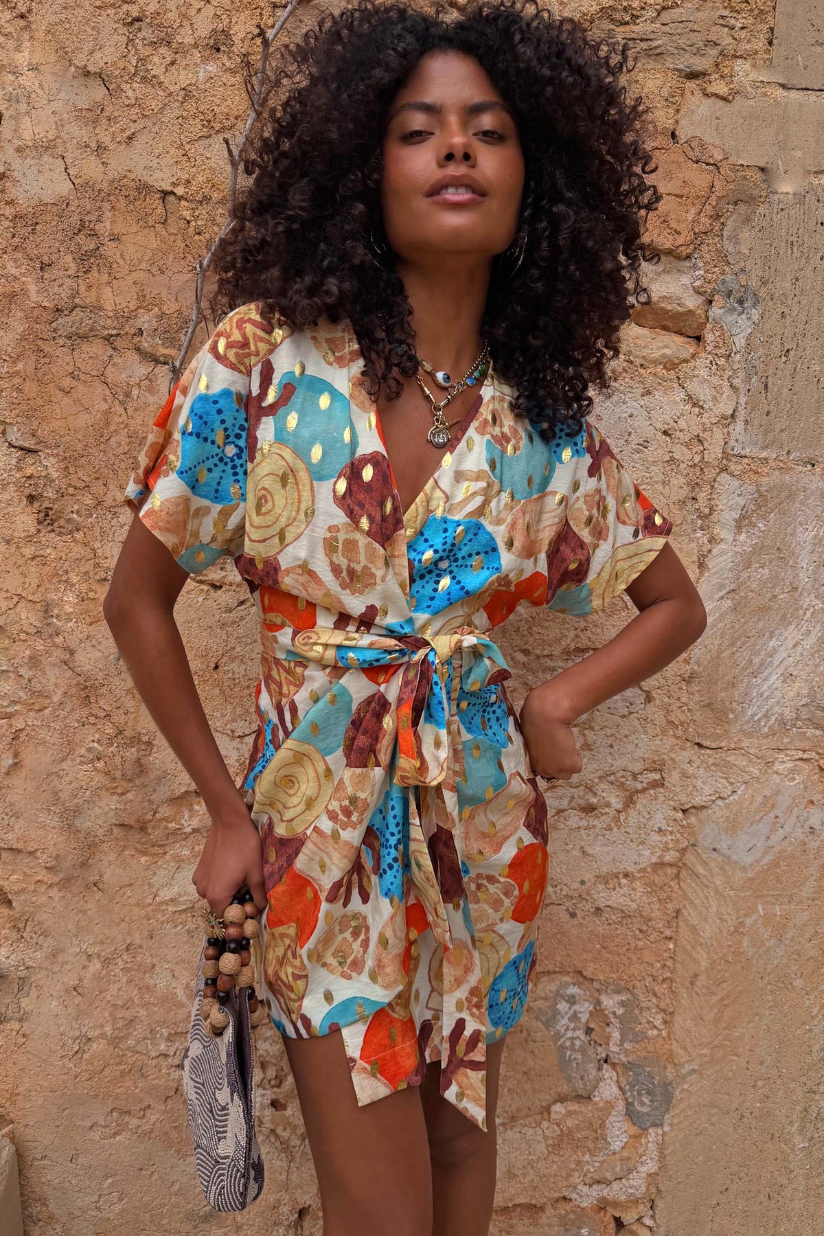 Colorful Shell Print Mini Wrap Dress