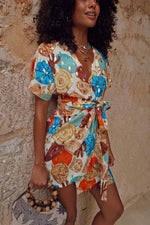 Colorful Shell Print Mini Wrap Dress