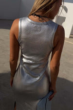 Silver Metallic Sleeveless Midi Dress