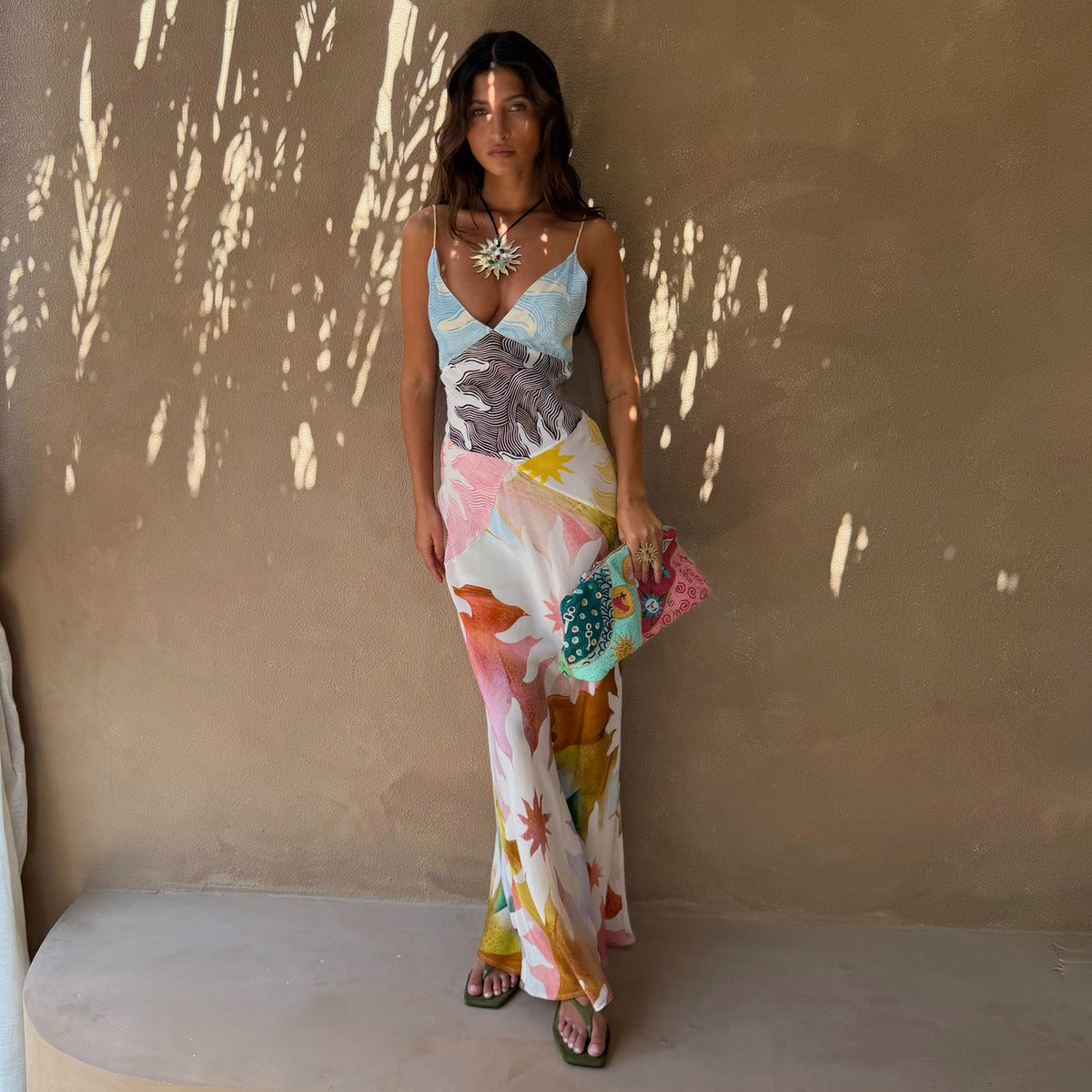 Abstract Print Colorblock Maxi Dress