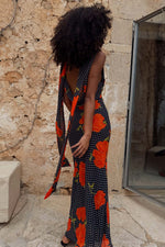 Black Poppy Print Sleeveless Midi Dress