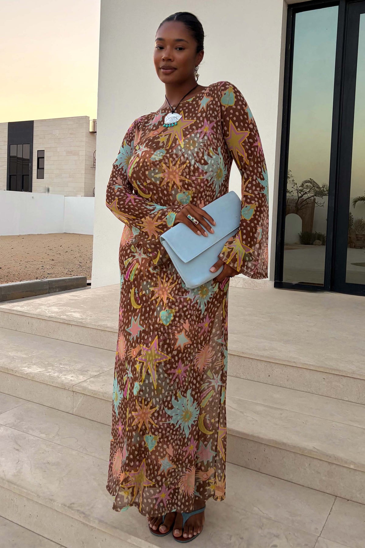 Brown Star Print Long Sleeves Maxi Dress