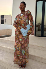 Brown Star Print Long Sleeves Maxi Dress