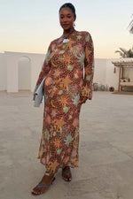 Brown Star Print Long Sleeves Maxi Dress
