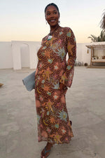 Brown Star Print Long Sleeves Maxi Dress