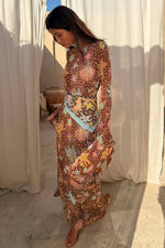Brown Star Print Long Sleeves Maxi Dress