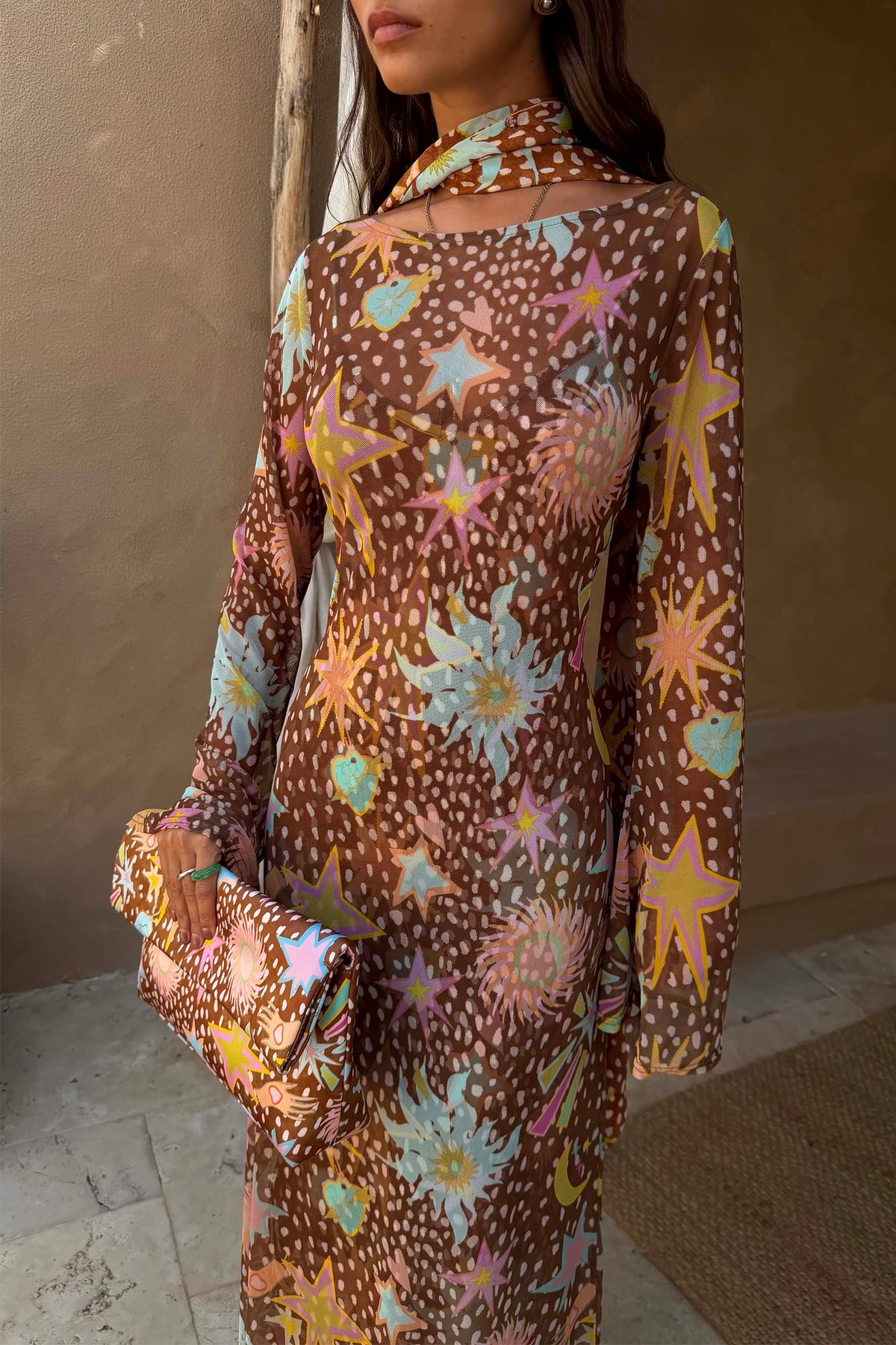 Brown Star Print Long Sleeves Maxi Dress