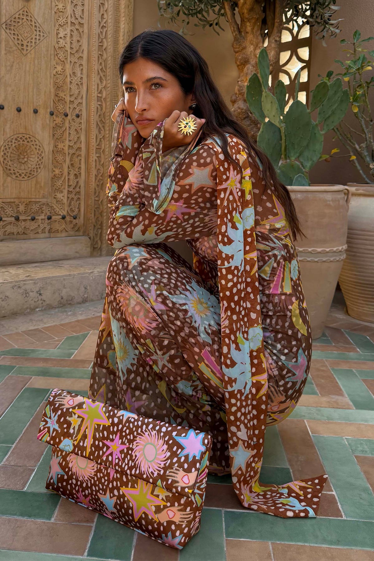 Brown Star Print Long Sleeves Maxi Dress