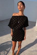 Black Dotted Print One Shoulder Mini Dress