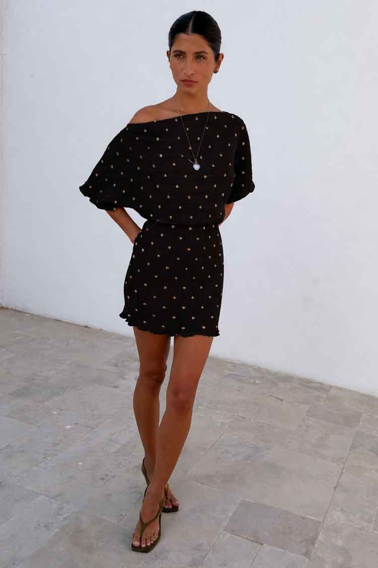 Black Dotted Print One Shoulder Mini Dress