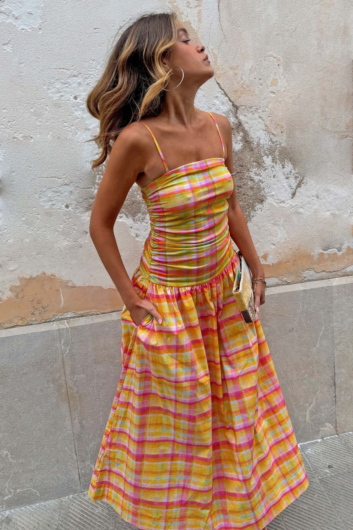 Yellow Pink Plaid Slip Midi Dress