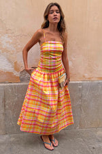 Yellow Pink Plaid Slip Midi Dress