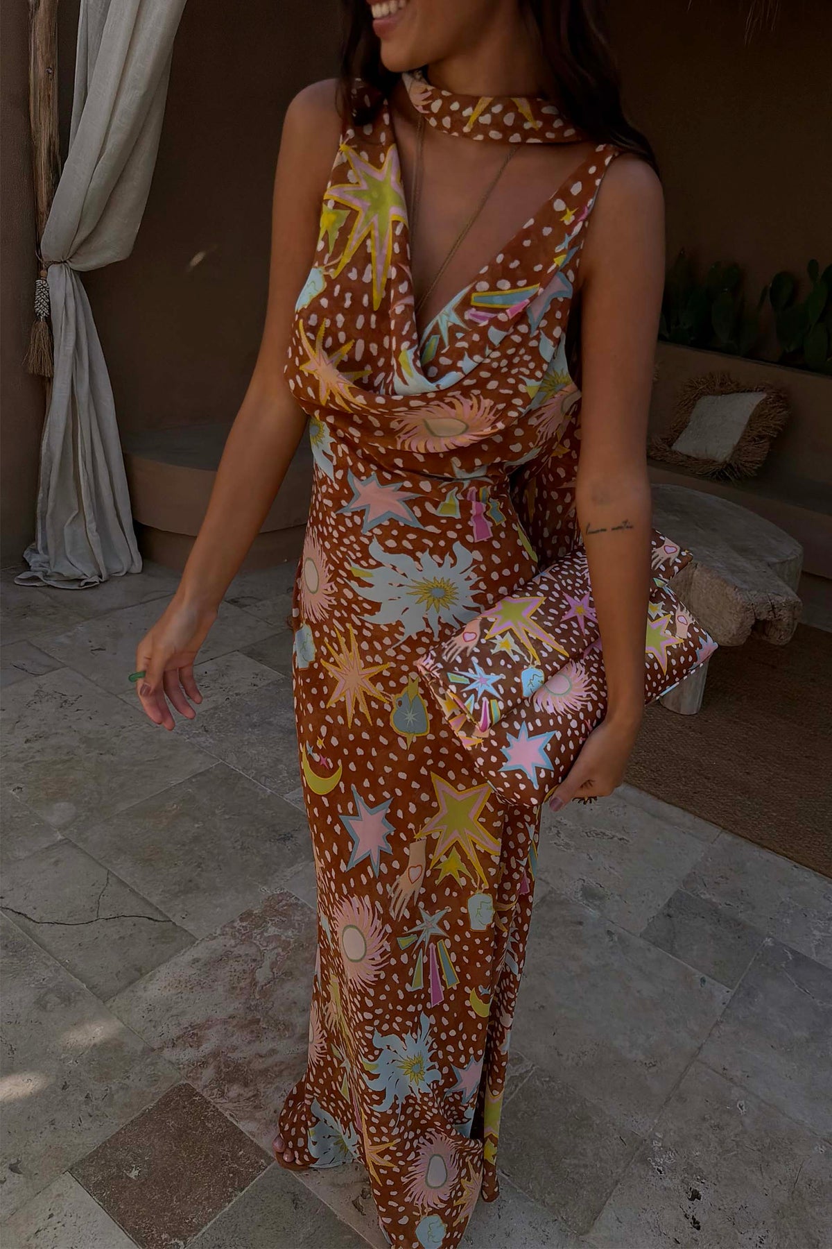 Star Print Halter Maxi Dress
