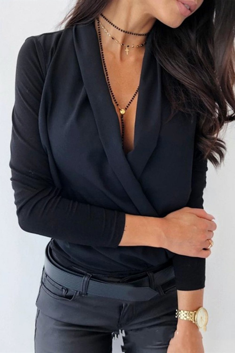 Solid Surplice Neck Chiffon Long Sleeve Blouse