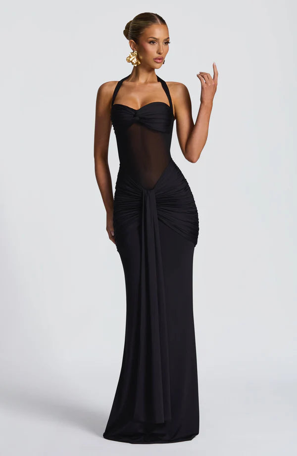 Halter Mesh Waist-Tie Maxi Dress