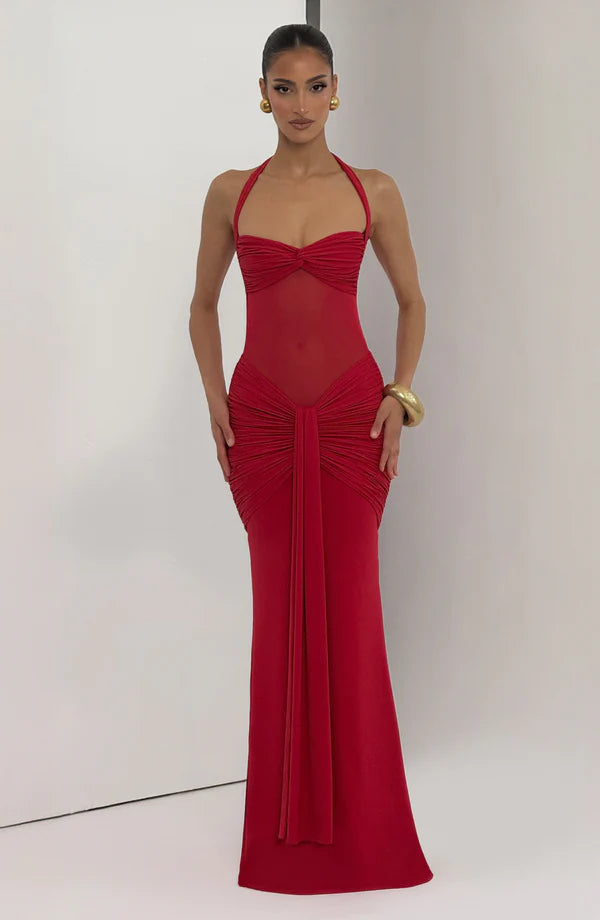 Halter Mesh Waist-Tie Maxi Dress