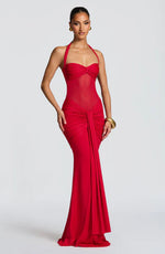 Halter Mesh Waist-Tie Maxi Dress