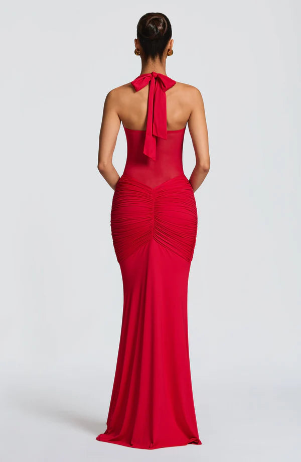 Halter Mesh Waist-Tie Maxi Dress