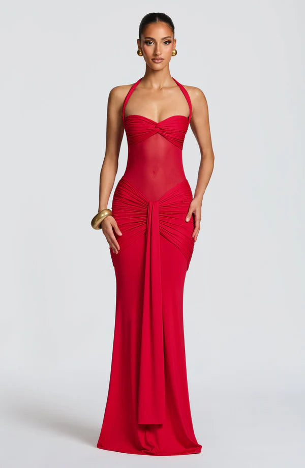 Halter Mesh Waist-Tie Maxi Dress