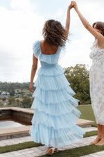 Blue Tulle Mesh Tiered Maxi Dress