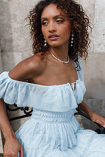 Blue Tulle Mesh Tiered Maxi Dress