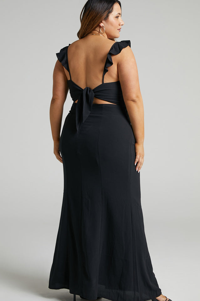 Ruffle Shoulder High Slit Maxi Dress