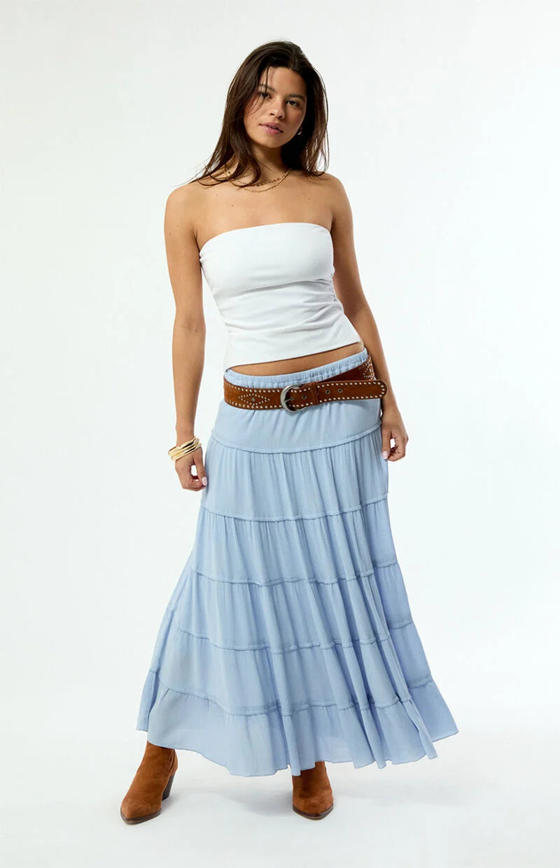 Light Blue Tiered Midi Skirt