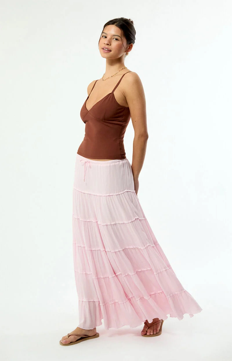 Peach Pink Tiered Midi Skirt