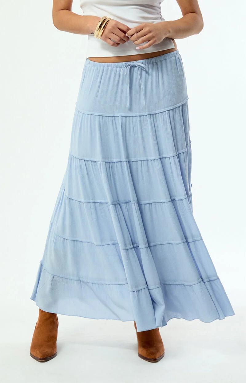 Light Blue Tiered Midi Skirt