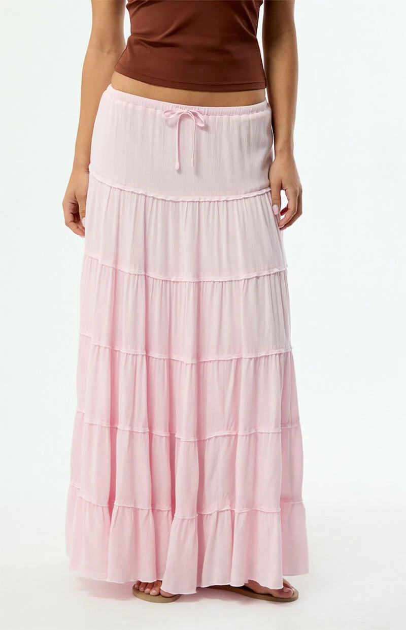 Peach Pink Tiered Midi Skirt