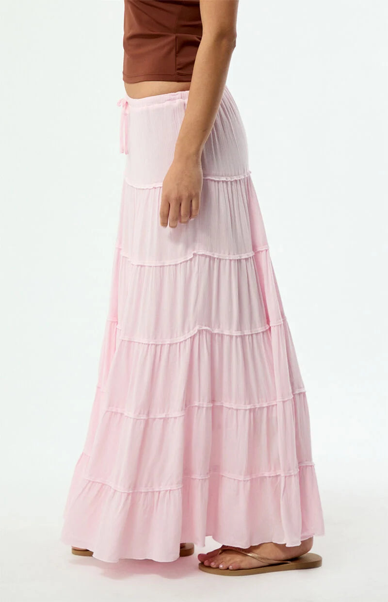 Peach Pink Tiered Midi Skirt