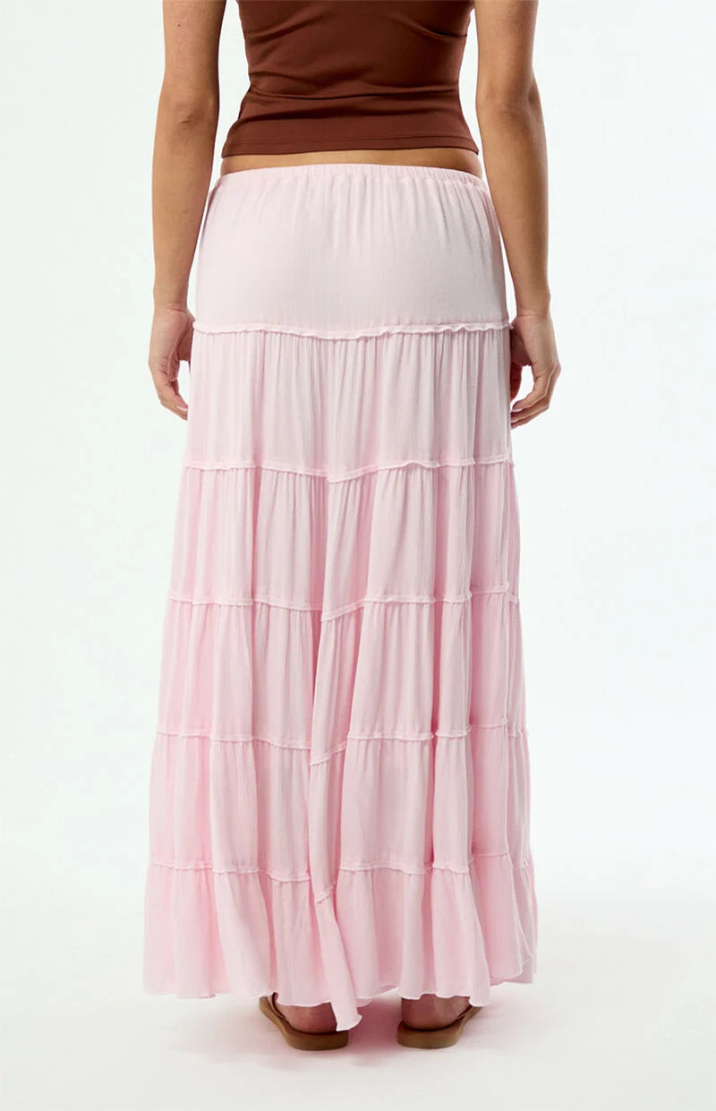 Peach Pink Tiered Midi Skirt