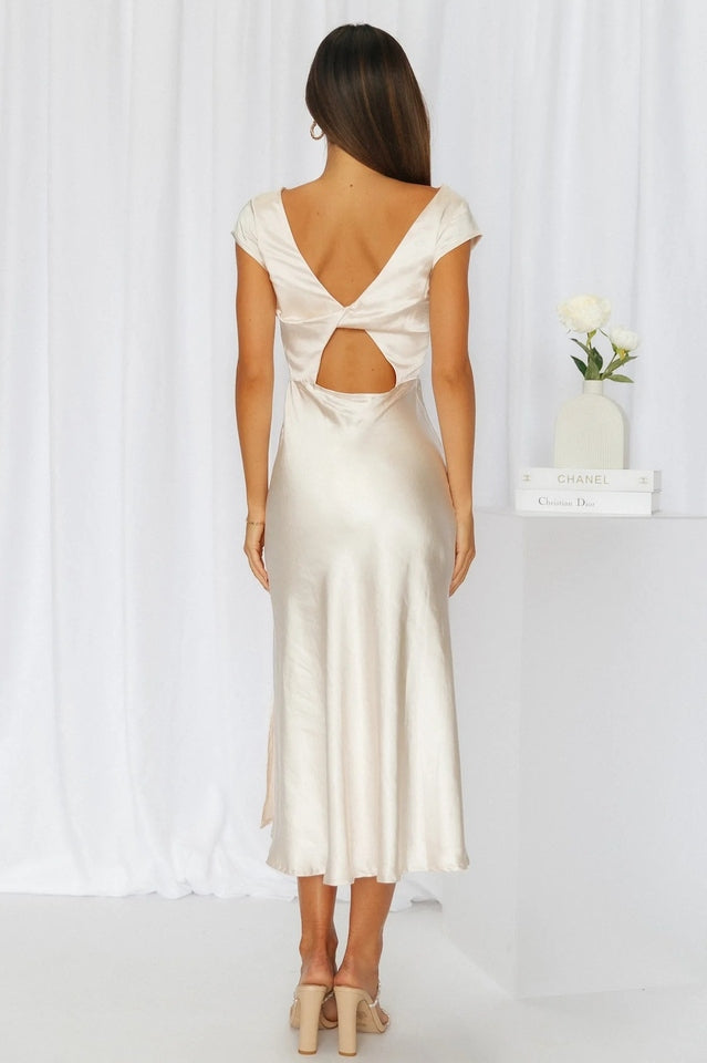 Satin Open Back Side Slit Midi Dress